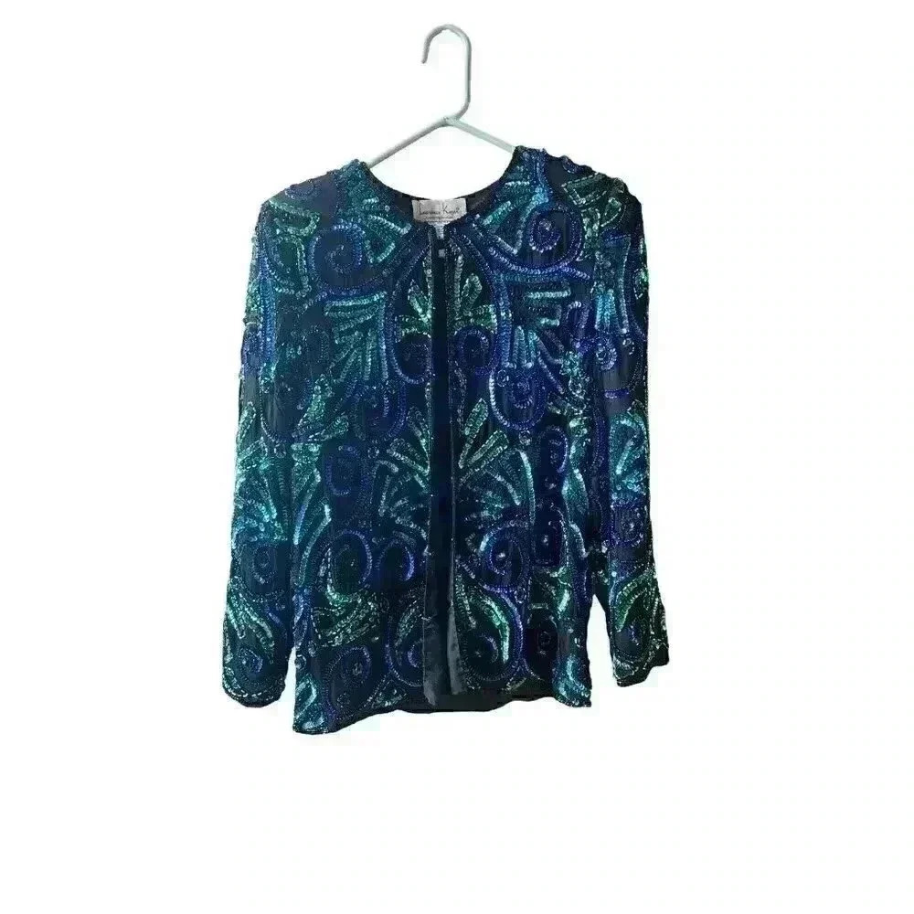Lawrence Kazar Vtg Silk Beaded Green Blue Teal Sequin Evening Jacket Lined S